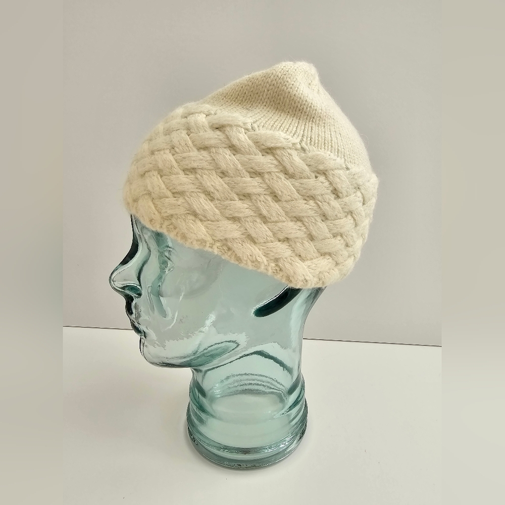 Calvin Klein Cream Basketweave Knit Beanie Alpaca & Wool Blend Hat